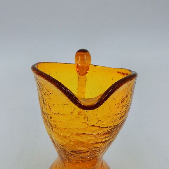 Crackle Glass Mini Pitcher Creamer Hand Blown 6 Inch Amber Applied Handle - Picture 6 of 9